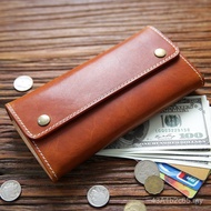 Dompet panjang lelaki daripada kulit asli yang diperhalus dengan tangan, dompet dengan kancing kulit