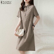 ZANZEA | ZANZEA Women Plaid Long Shirt Dress 2024 Summer Short Sleeve Midi Dress Fashion Office Lape