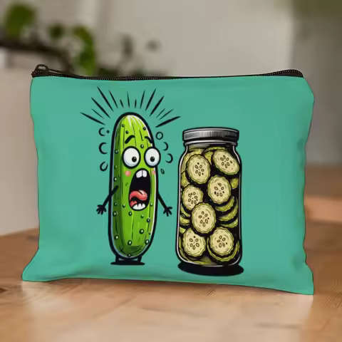 Humorous Pickle Theme Makeup Pouch Surprised Cucumber & Pickle Jar Quirky Art for Daily Storage Use