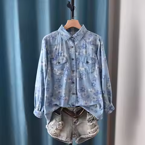 Women's stylish blouses designer denim shirts fine elegant blouses women Japan Harajuku fashion blue