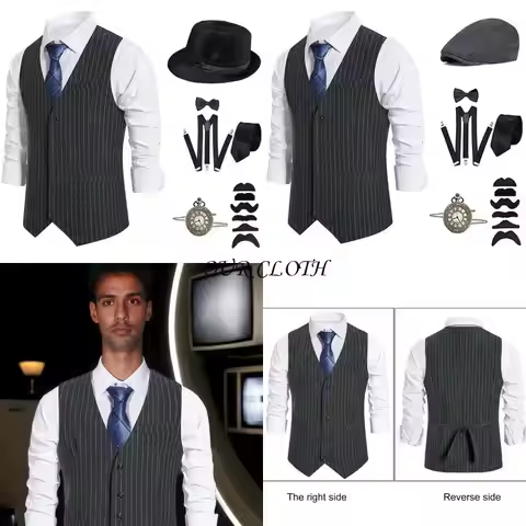 1920s Mens Costume Roaring 20s Outfit Accessories 1920s Men Mafia Costume 20s Gangsters Vest Hat Poc
