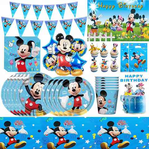 Hot Mickey Mouse Birthday Tableware Plate Cup Napkin Tablecloth Blue Mickey Mouse Birthday Balloon B