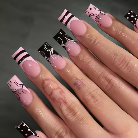 24PCS Y2k French Press on Nails Sweet Punk Vine Striped Pink Black French Polka Dot Press On Nails S