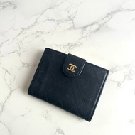 【LA LUNE】中古二手Chanel黑色小羊皮口金皮革中短夾銀包小皮夾