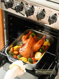 不銹鋼全套大型有蓋烤盤,適用於烘焙、烹飪全雞和魚,帶雙手柄,可用於烤箱烘焙盤