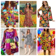 60s 70s Retro Outfit For Women Dress Hippie Costume Disco Flower Dress Halloween Purim Carvinal Part