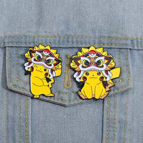 Pokemon Lion Dancing Pikachu Enamel Pin Lapel Pins for Backpacks Brooches Badges Metal Brooch for Cl