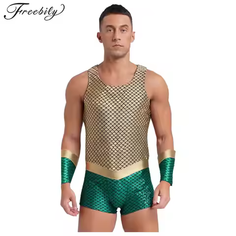Men Mermaid Bodysuit Halloween Poseidon King of The Sea Cosplay Costume Metallic Shiny Fish Scales P