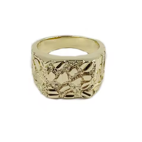 14K Gold Plated Hip Hop Men's Ring Heavy Nugget Square 12mm Thick Rough Irregular Geometric Shape Fa