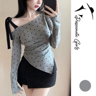 {ST}Women's Polka Dot Off-Shoulder Long Sleeve Blouse Sweet & Sexy Top