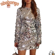 Sequin Bodycon Mini Dress - Long Sleeve Round Neck Shiny Fabric for Parties