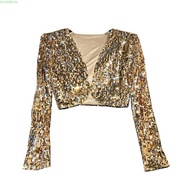 Trendy Glamorous Gold Sequined Long Sleeve Crop Jacket for Women Classy Clothes