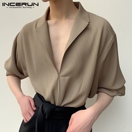 INCERUN เสื้อเบลาส์แขนยาวเนื้อเรียบสำหรับผู้ชายมีซิปคอปกสีล้วน (สไตล์เกาหลี)