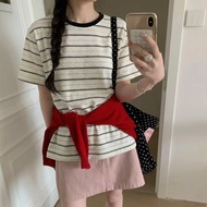 [Buy Love] Next Day Delivery Korean Style American Retro Contrast Color Piping Striped T Slimmer Loo
