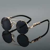 Unique Double Beam Metal Retro Round Frame Sunglasses Cool Trendy All-Match Decorative Leopard Head 