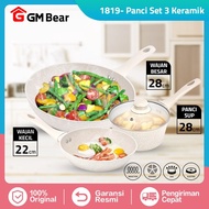 GM Bear Panci Set Cookware P0411 - Wajan Penggorengan Keramik Granit Putih 3Pcs Dengan Tutup Anti Le