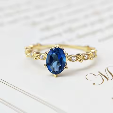 LAMOON Natural Topaz Rings For Women Gemstone Ring Blue Topaz 925 Sterling Silver K Gold Plated Wedd