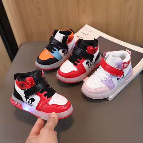 Disney Girls' Causla Shoes PU Leather Mickey Mouse LED Luminescent Children's Sneaker 1-6 Year Old B