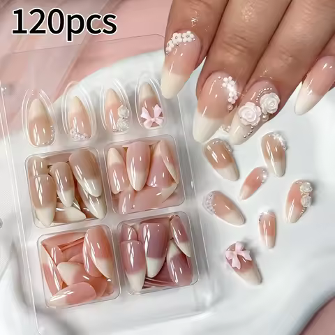 120Pcs 4Styles Gradient French Fake Nails 3D Rose Bow Pearl Decor Ombre Press On Nail Nude Pink Medi