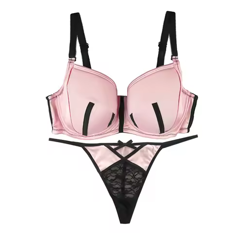 5231 New Plus Size Bra Set Women's Pink Full Cup Underwire Bra and Lace Thong Underwear Set 32-44 D-