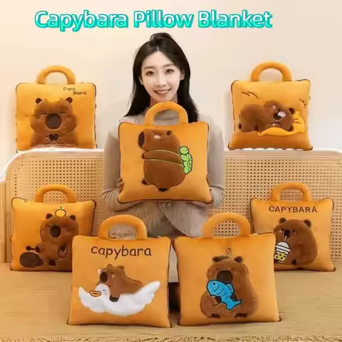 Portable 2 in 1 Capybara Pillow Blanket Plush Soft Travel Blanket Cartoon Cozy Foldable Pillow Blank