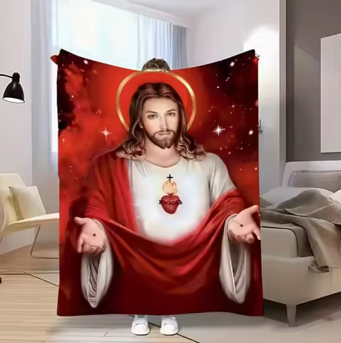 Jesus Flannel Blanket] Warm and Comfortable Sacred Jesus Sacred Heart Flannel Blanket | Religious Th
