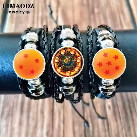 Seven Stars Bracelet for Men Dragon Ball Poster Japan Anime Punk Fashion Glass Button Leather Bracel