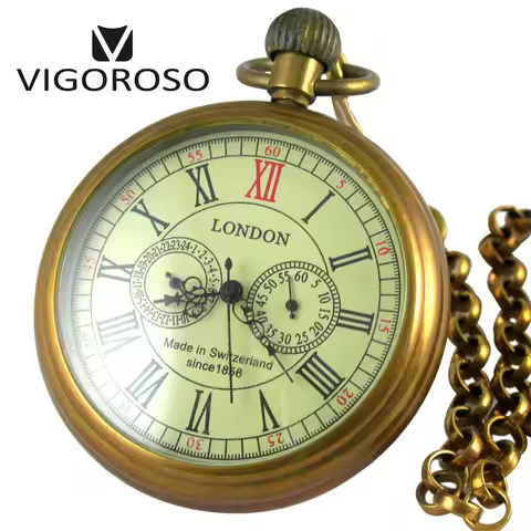 VIGOROSO Collectible Antique Old Copper Mechanical Pocket Watch FOB Chain Hand Winding Roman numeral