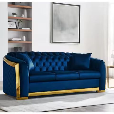Velvet Luxury Chesterfield Sofa Set 84 Inches Tufted 3 Seat Couch with Gold Stainless for Living Roo
