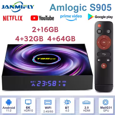T95 W2 Smart Android TV Box TV Amlogic S905 6K@30fps 100M/LAN Dual Wifi2.4G/5G BT4.0 Google Assistan