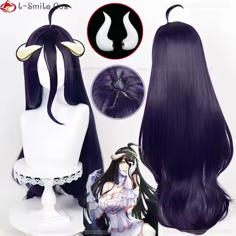 100cm Albedo Cosplay Wig Deep Purple Black Wigs For Women Albedo Cosplay Anime Wig With Horns Heat R