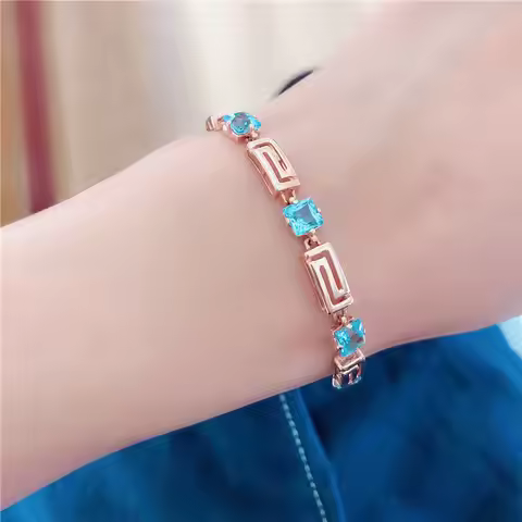 585 Purple Gold Original Bracelet for Women Plated 14K Rose Gold Inlaid Blue Gem Square Fashion Bang