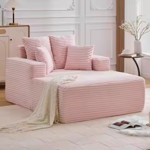 Pink Oversized Chaise Lounge Sofa with Corduroy Upholstery, Deep Seat, and Throw Pillows - No Assemb