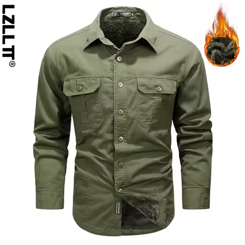 Winter Men Fleece Cargo Cotton Long Sleeve Shirts Man Casual Military Tactic Thick Shirts Man Outdoo