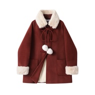 Áo Khoác Len Lót Lông Cừu Màu Đỏ XinmonLee Dành Cho Nữ Áo Khoác Ngắn Dày Dặn Thời Trang Thu Đông Cổ 