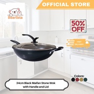 34cm Non Stick Pan Black Wok With Lid Cover Composite Coating Induction Iron