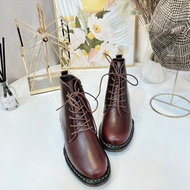側拉鍊綁帶馬丁靴-咖