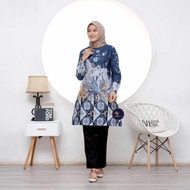 Baju Batik Wanita Atasan Tunik Kancing Depan Batik Pekalongan Murah Lengan Panjang Motif Bunga Katun