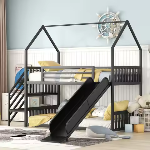 Twin Size Metal Bunk Beds House Bed with Slide and Staircase, Black Bunk Beds with Slide Bunk Beds f