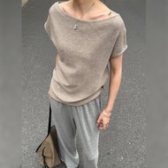 BINKAFENNY | เสื้อถักแขนสั้นไหล่เดียวสไตล์ Old Money สำหรับผู้หญิงในช่วงฤดูร้อน ทรงหลวม ดีไซน์เก๋ไก๋