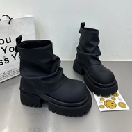 Giày Chelsea Boot Mùa Thu Nữ Ống Boot Đáy Dày Mũi Tròn Trên Đầu Gối Thời Trang Phù Hợp Với Giày Boot