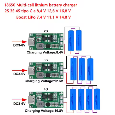 1/5PCS 18650 battery charger 2S 3S 4S C type A 8.4 V 12.6 V 16.8 V Boost Lithium battery 7.4 V 11.1 