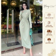 Long Sleeve Boat Neck Twisted Belly Stone Dress. Off-the-Shoulder Maxi Bodycon Party Dress Made of W