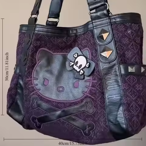 Sanrio Hello Kitty Vintage Purple Handbag Y2K Gothic Style For Women Y2K Hot Girl Handbag Trend Tote