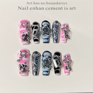 Y2K Gyaru Pink Black Striped Coffin Handmade Press On Nails Niche Subculture Fake Nails Stars Diamon