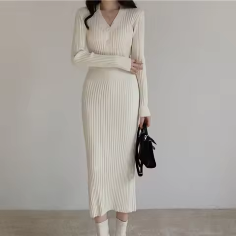 B-TOTO Daily Casual Woolen Skirt Knitted Technique V-neck Button Design Slim Fit And Interior Long S