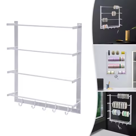 Wall Mount Craft Organizer Rack 4 Tier 5 Hooks Aluminum Alloy for Ribbon Yarn Thread Spool Storage D