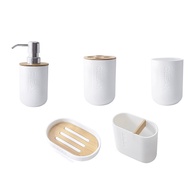 (MHKP) 5Pcs Bamboo Bathroom Set Toilet Brush Holder Toothbrush Glass Cup Soap Dispenser Soap Dish Bathroom Accessories