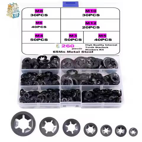 260Pcs M3 M4 M5 M6 M8 M10 M12 Push-on Locking Washers Star Nut Metal Quick Speed Star Nut Locking Fa