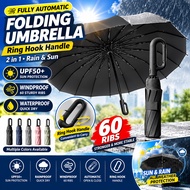 Fully Automatic Folding Umbrella 60 Ribs Windproof UPF50+ UV Sun Protection Rain Umbrella Ring Hook 